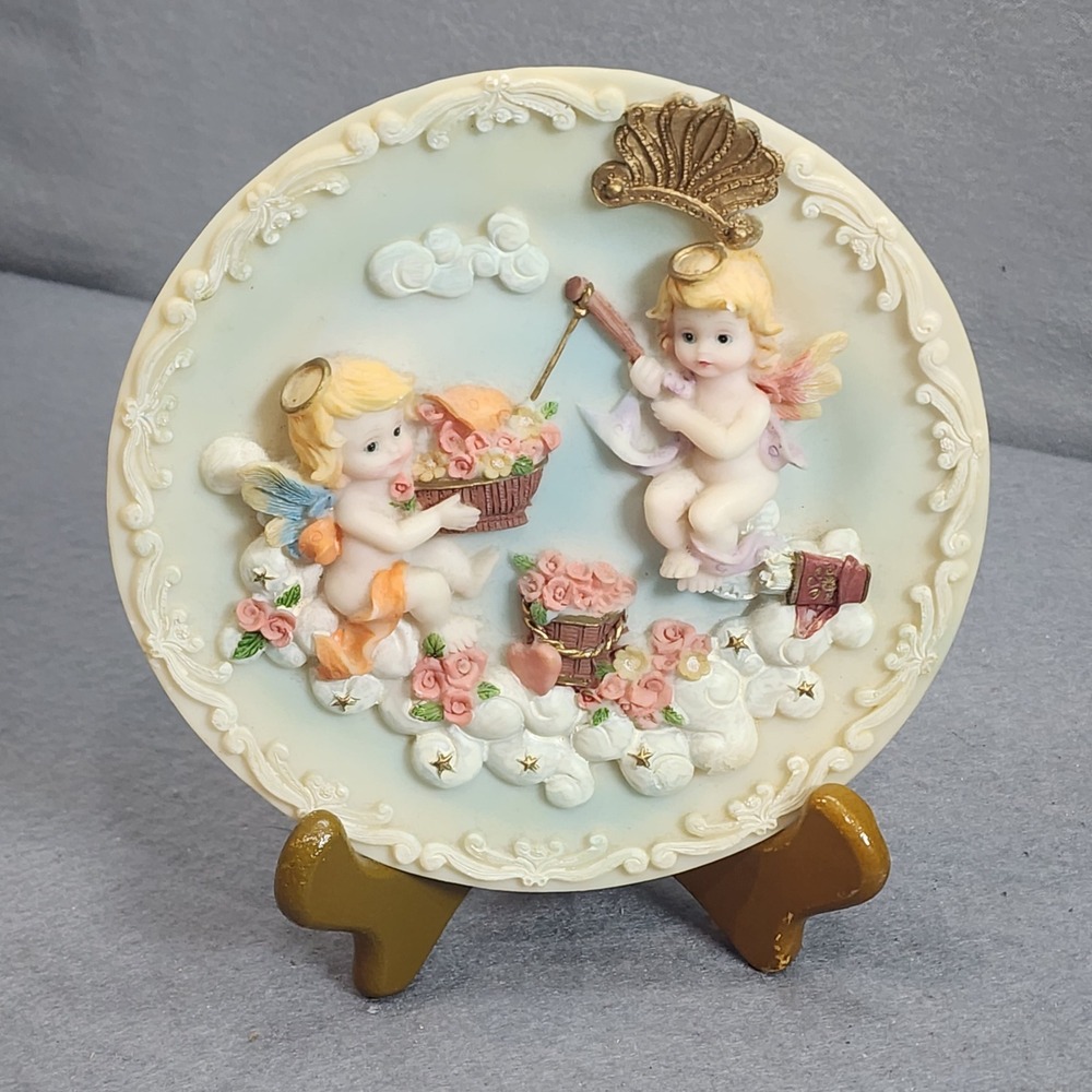 Dreamsicles Vintage Collector Plate Blue 3D Cherubs Roses Scalloped Relief Decor